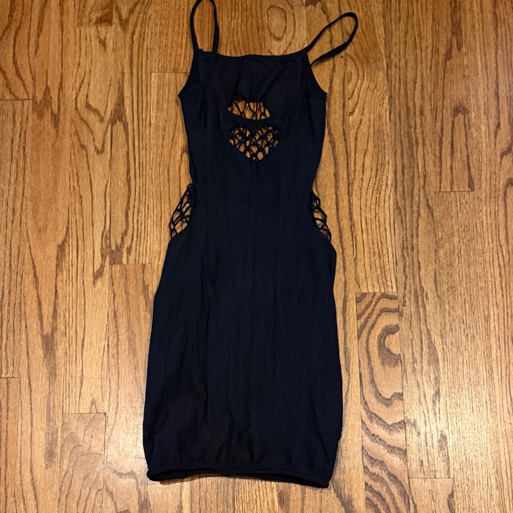 Black Spaghetti Strap Cutout Bodycon Dress, One Size